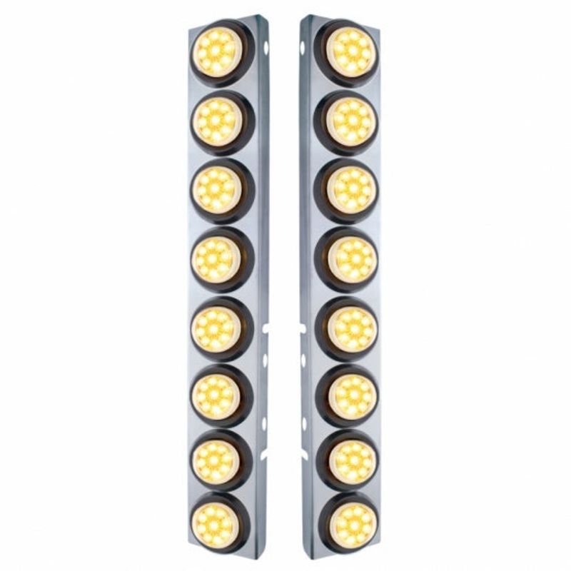 Peterbilt Stainless Front Air Cleaner Bracket w/ Sixteen 9 LED 2 Reflector Lights & Grommets – Amber LED/Clear Lens