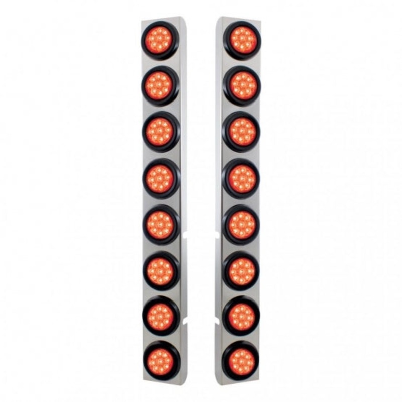 Peterbilt Stainless Rear Air Cleaner Bracket w/ Sixteen 9 LED 2 Reflector Lights & Grommets – Red LED/Red Lens