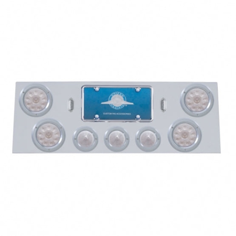 Stainless Rear Center Panel w/ Four 10 LED 4 Lights & Three 13 LED 2 1/2 Beehive Lights & Bezels – Red LED/Clear Lens