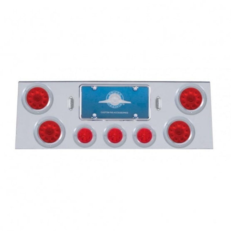 Stainless Rear Center Panel w/ Four 10 LED 4 Lights & Three 13 LED 2 1/2 Beehive Lights & Bezels – Red LED/Red Lens