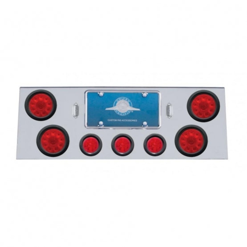 Stainless Rear Center Panel w/ Four 10 LED 4 Lights & Three 13 LED 2 1/2 Beehive Lights & Grommets – Red LED/Red Lens