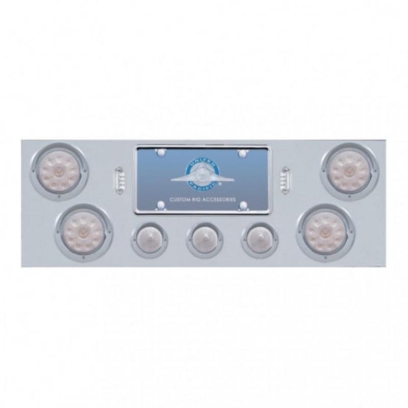 Stainless Rear Center Panel w/ Four 10 LED 4 Lights & Three 13 LED 2 1/2 Beehive Lights & Visors – Red LED/Clear Lens