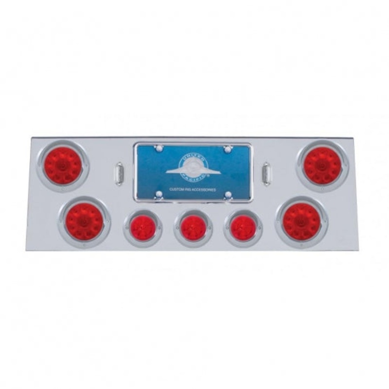 Stainless Rear Center Panel w/ Four 10 LED 4 Lights & Three 13 LED 2 1/2 Beehive Lights & Visors – Red LED/Red Lens