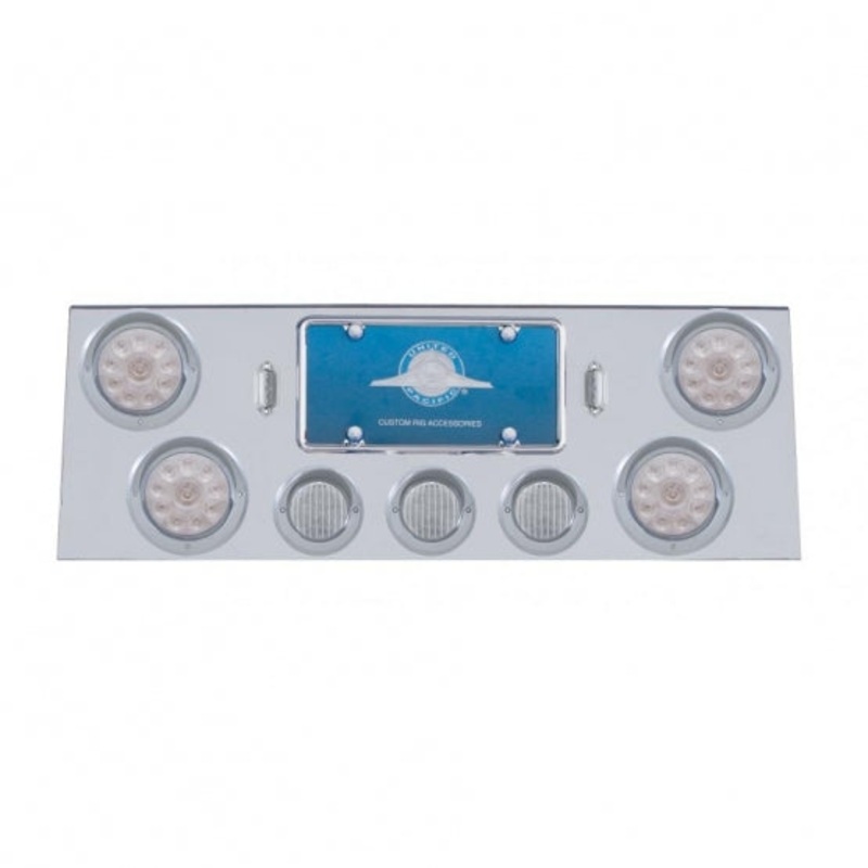 Stainless Rear Center Panel w/ Four 10 LED 4 Lights & Three 13 LED 2 1/2 Lights & Visors – Red LED/Clear Lens