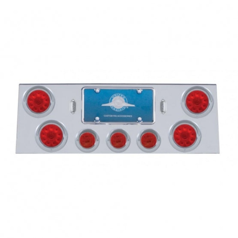 Stainless Rear Center Panel w/ Four 10 LED 4 Lights & Three 13 LED 2 1/2 Lights & Visors – Red LED/Red Lens