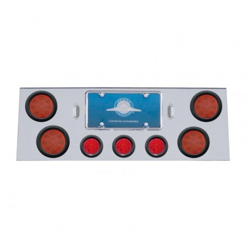 Stainless Rear Center Panel w/ Four 12 LED 4 Reflector Lights & Three 13 LED 2 1/2 Beehive Lights & Grommets – Red LED/Red Lens