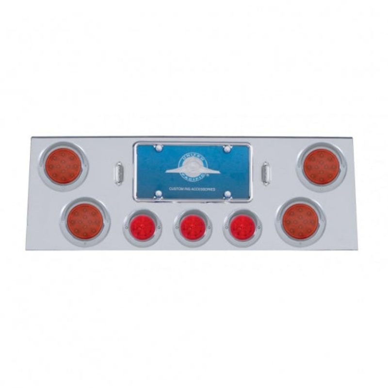 Stainless Rear Center Panel w/ Four 12 LED 4 Reflector Lights & Three 13 LED 2 1/2 Beehive Lights & Visors – Red LED/Red Lens