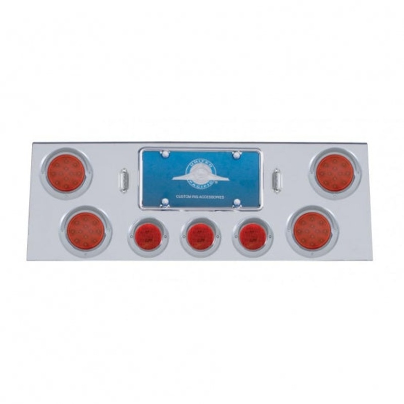 Stainless Rear Center Panel w/ Four 12 LED 4 Reflector Lights & Three 13 LED 2 1/2 Lights & Visors – Red LED/Red Lens