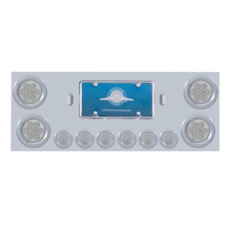 Stainless Rear Center Panel w/ Four 7 LED 4 Reflector Lights & Six 9 LED 2 Lights & Bezels – Red LED/Clear Lens
