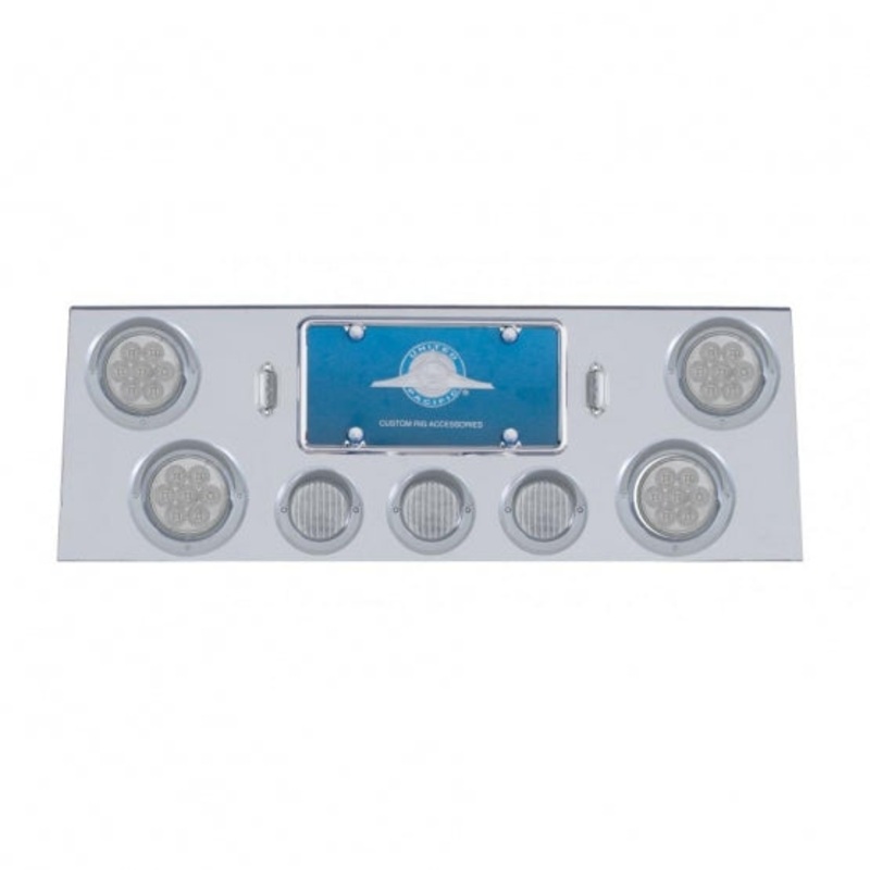Stainless Rear Center Panel w/ Four 7 LED 4 Reflector Lights & Three 13 LED 2 1/2 Lights & Visors – Red LED/Clear Lens