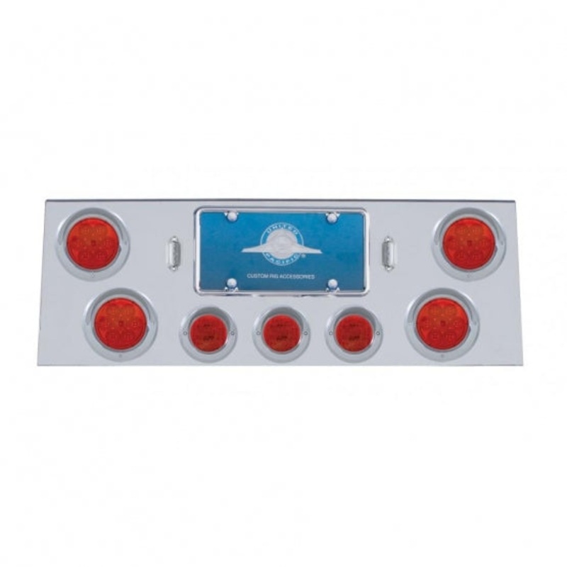 Stainless Rear Center Panel w/ Four 7 LED 4 Reflector Lights & Three 13 LED 2 1/2 Lights & Visors – Red LED/Red Lens