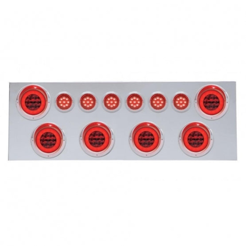 Stainless Rear Center Panel w/ Six 21 LED 4 GLO Lights & Six 9 LED 2 GLO Lights & Visors – Red LED/Red Lens