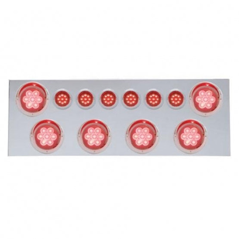 Stainless Rear Center Panel w/ Six 7 LED 4 Reflector Lights & Six 9 LED 2 Lights & Visors – Red LED/Red Lens