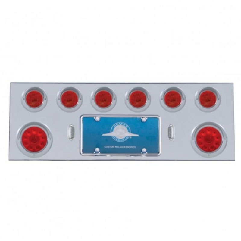 Stainless Rear Center Panel w/ Two 10 LED 4 Lights & Six 13 LED 2 1/2 Lights & Visors – Red LED/Red Lens
