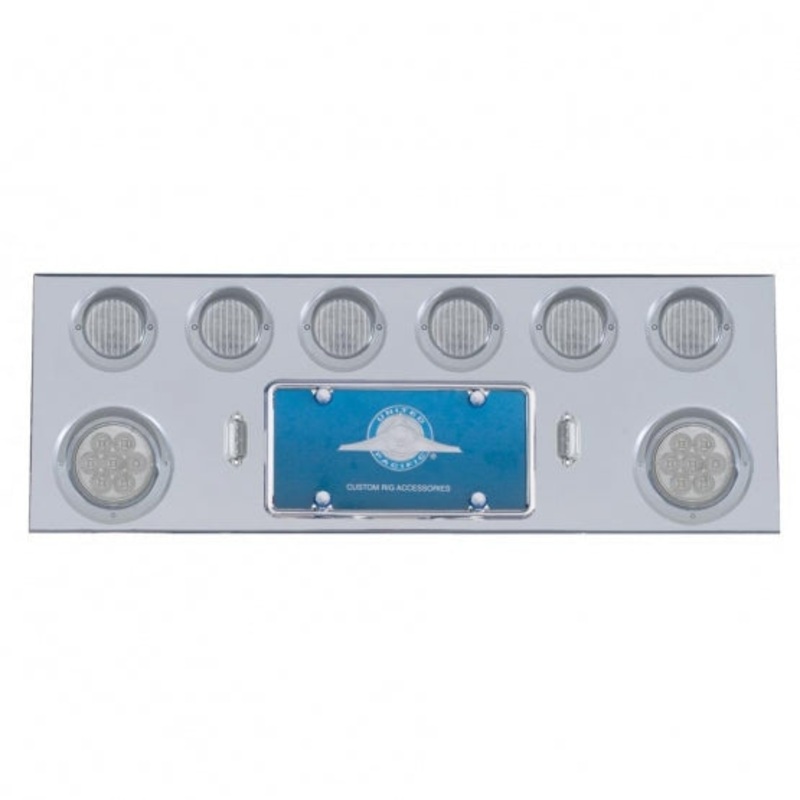 Stainless Rear Center Panel w/ Two 7 LED 4 Reflector Lights & Six 13 LED 2 1/2 Lights & Visors – Red LED/Clear Lens