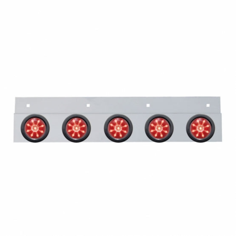 Stainless Top Mud Flap Plate w/ Five 9 LED 2 Beehive Lights & Grommets – Red LED/Red Lens