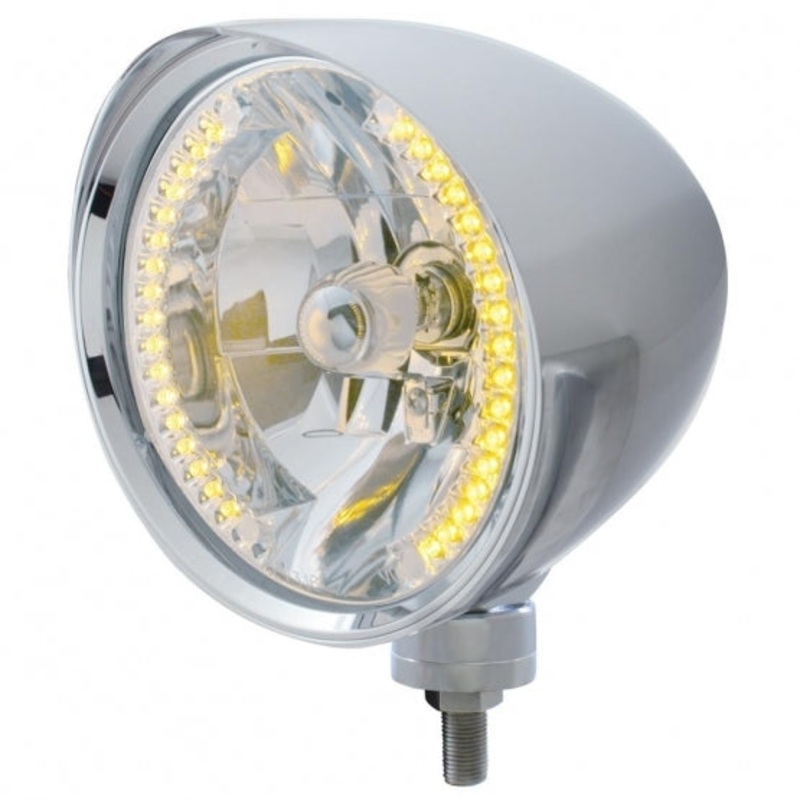 Chrome Chopper Headlight w/ Smooth Visor H4 Bulb w/ 34 Amber LED