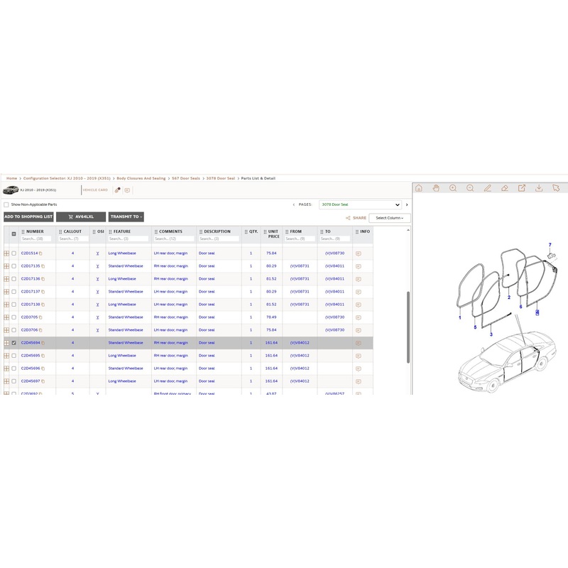 Jaguar XJ 2010-2019 outer Door Seal RH Rear Drivers side