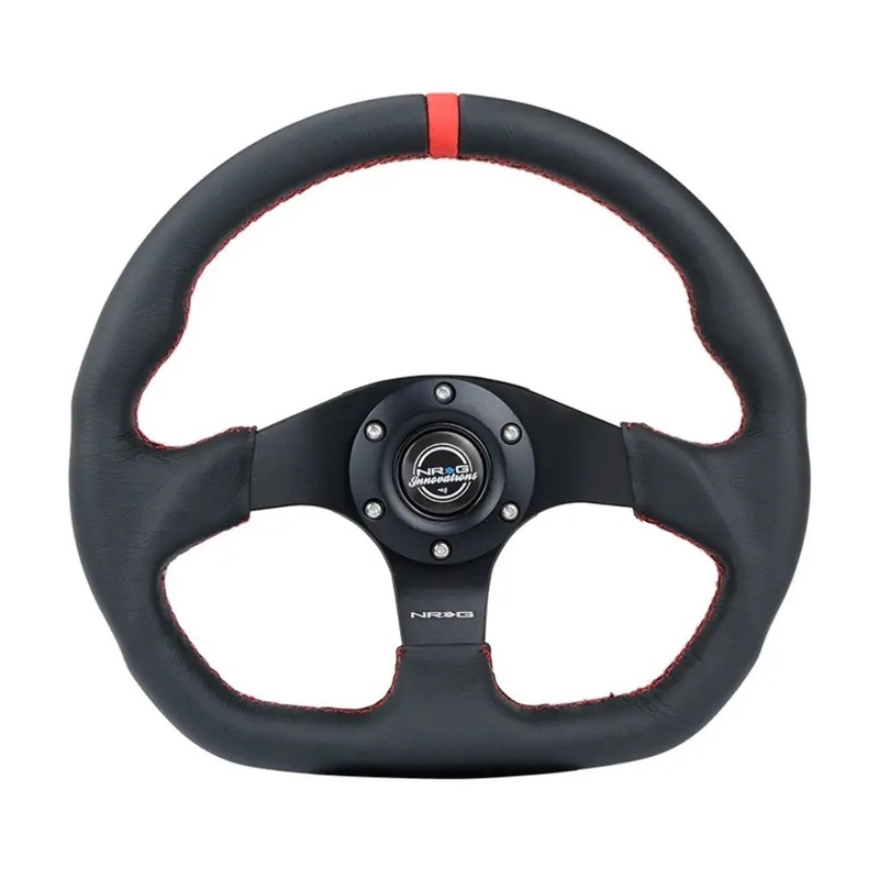 NRG Steering Wheel 320mm Flt Bottom Black Leather w/Red