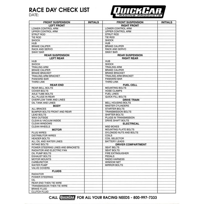 QuickCar Race Day Check-List